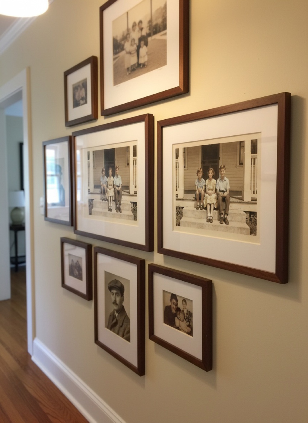 A hallway gallery wall of framed family photos
